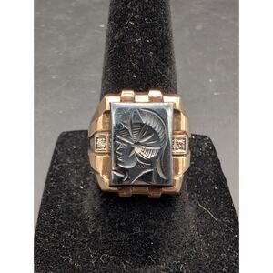 Vintage 10K Gold Hematite Intaglio Spartan Diamond Ring Rost Centurion 9g Sz 7.5